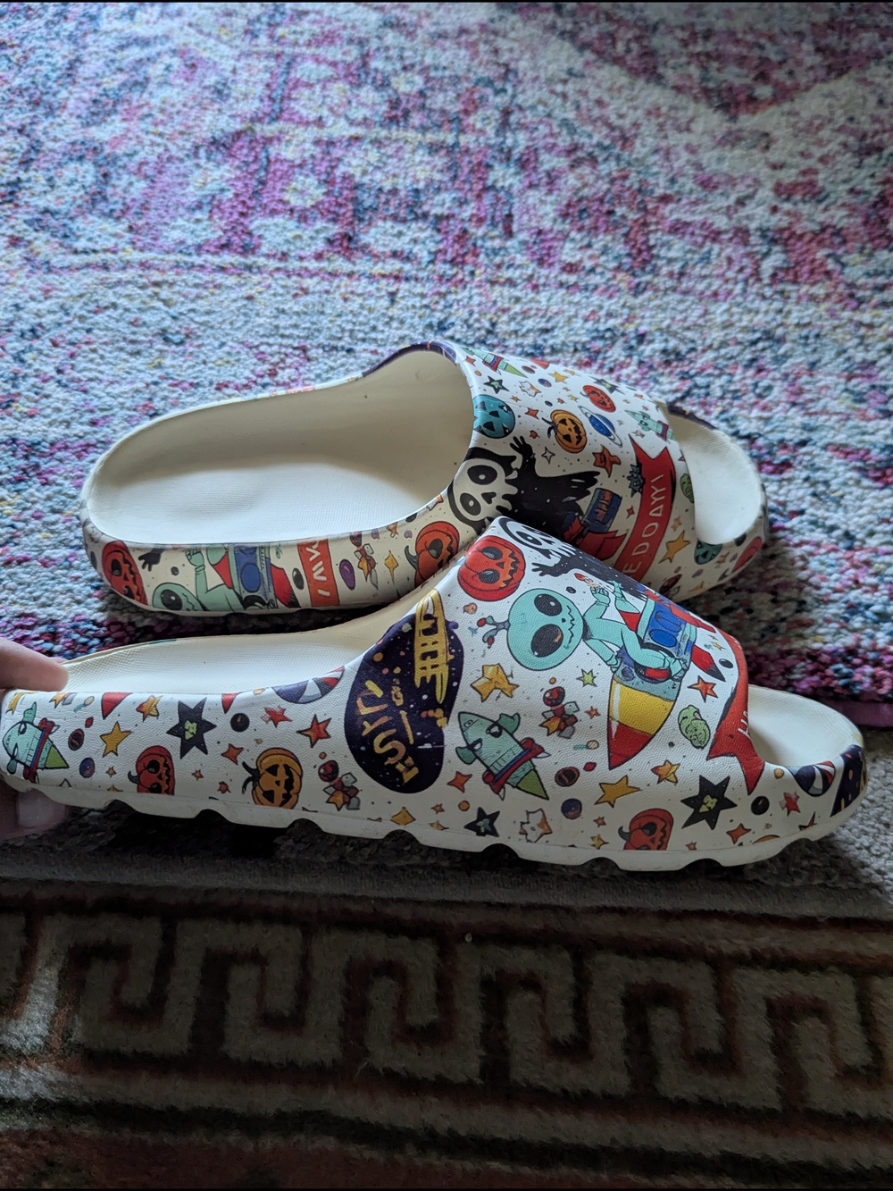 White Multicolor Graphic Slide Sandals for Men